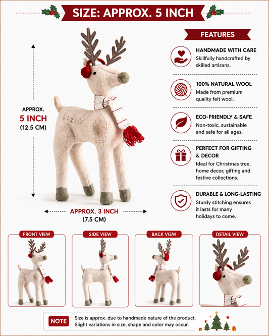 Handcrafted Festive Reindeer Stuffed Fabric Figurine | Cute Christmas Deer Tabletop Decor with Earmuffs & Scarf | Luxury Winter Wonderland Nursery Display