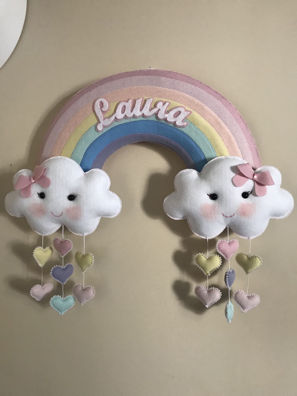 Custom Handcrafted Felt Rainbow Name Sign - Personalized Nursery Wall Hanging with Smiling Clouds & Hearts