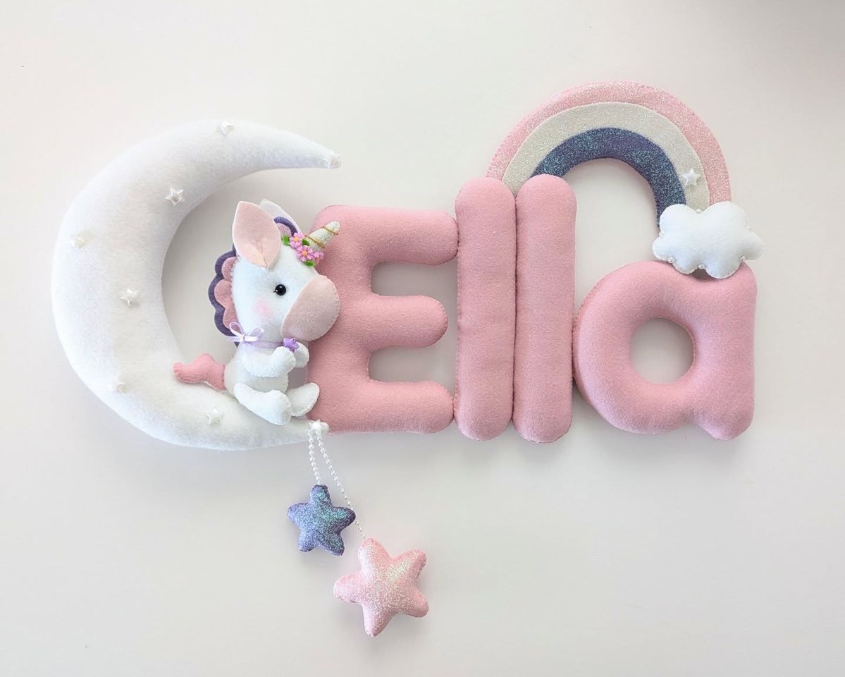Custom Handcrafted Felt Name Sign - Personalized Unicorn, Rainbow & Moon Nursery Wall Hanging