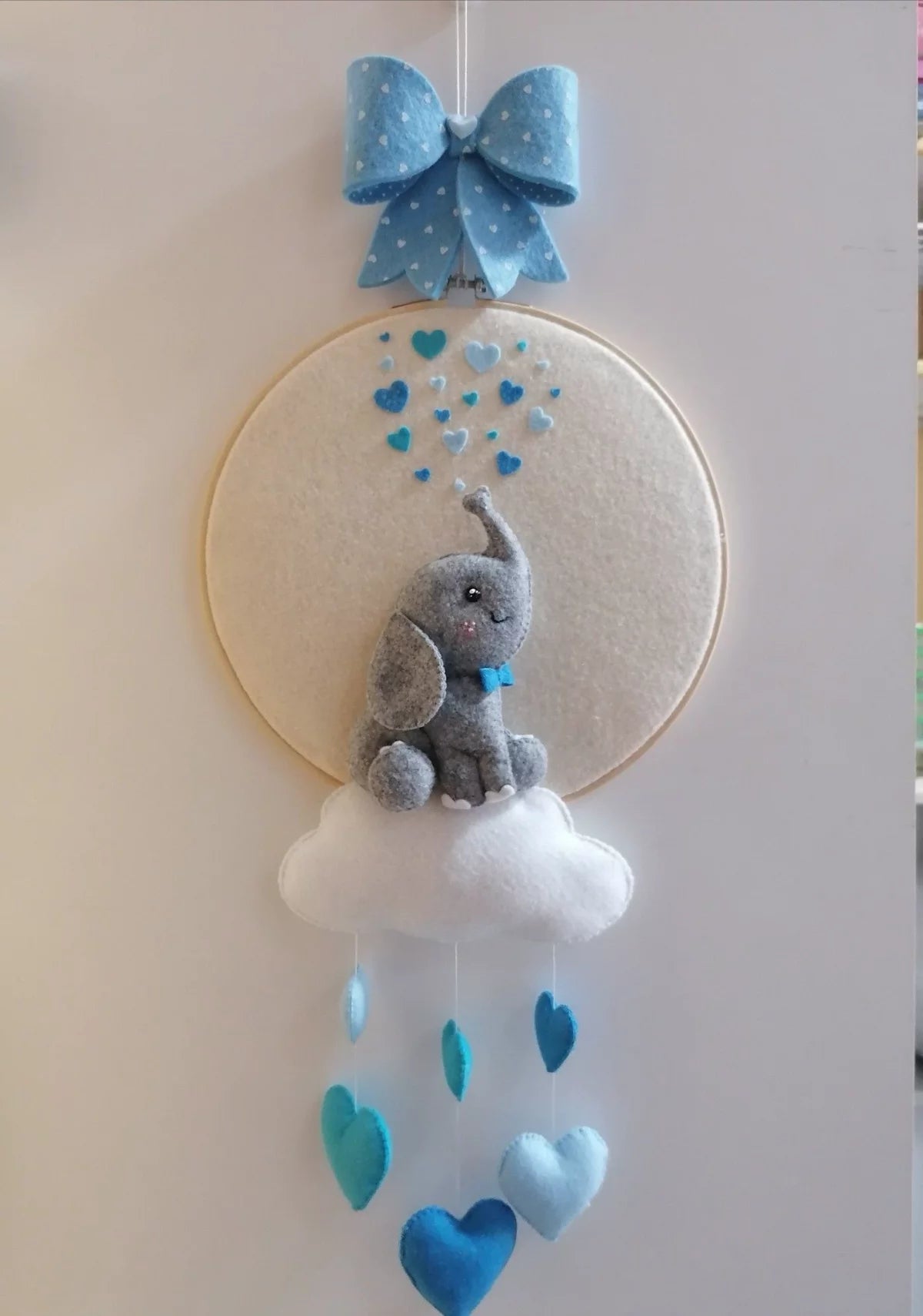 Handcrafted Baby Elephant and Blue Hearts Felt Hoop Wall Hanging Mobile