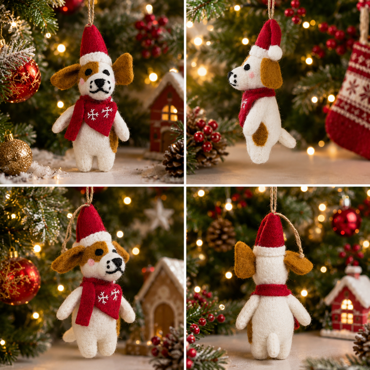 Handmade Felt Puppy with Santa Hat & Snowflake Scarf Christmas Ornament