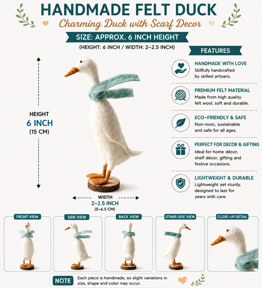 Handmade Felt Duck Figurine – Cute Duck with Scarf