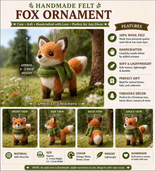Handmade Felt Fox Ornament with Green Scarf – Cute Wool Felt Animal Decoration