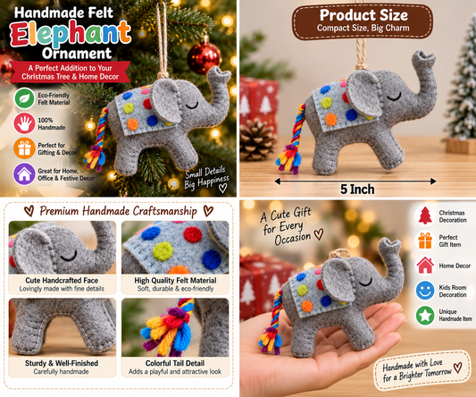 Handmade Felt Elephant Ornament – 5 Inch Christmas Tree Hanging & Home Decor