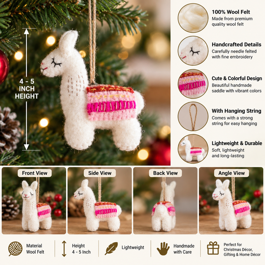Handmade Felt Llama Christmas Ornament – 4–5 Inch Hanging Wool Felt Decoration