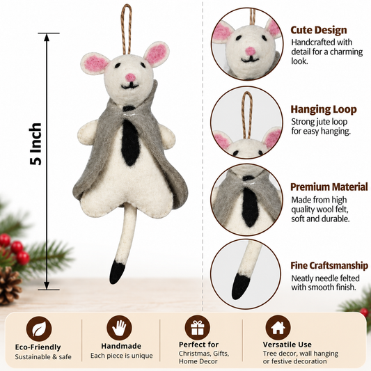 Handmade Felt Mouse Ornament – 5 Inch Cute Christmas Hanging Decoration