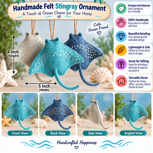 Set of 3 Handmade Felt Stingray Ornaments – 5 Inch Ocean Animal Hanging Decor