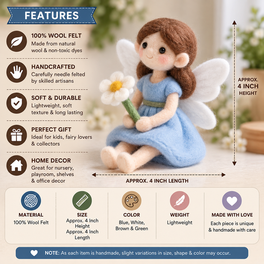 4 Inch Handmade Felt Fairy Doll | Cute Wool Fairy Figurine with Flower | Miniature Home Decor
