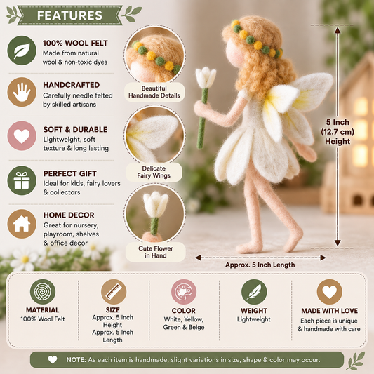 5 Inch Handmade Wool Felt Fairy Doll | Miniature Flower Fairy | Whimsical Home Decor & Gift