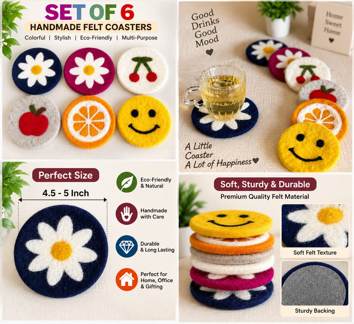 Set of 6 Handmade Felt Coasters | Colorful Fruit & Flower Drink Coasters