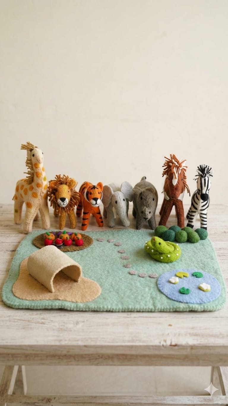 Serengeti Playtime: Handcrafted Felt Safari Animals Diorama
