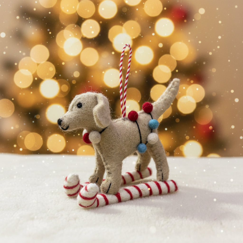 Handcrafted Christmas Puppy Felt Ornament | Cute Dog on Candy Cane Sled with Pom-Pom Lights | Whimsical Holiday Tree Hanging Decor