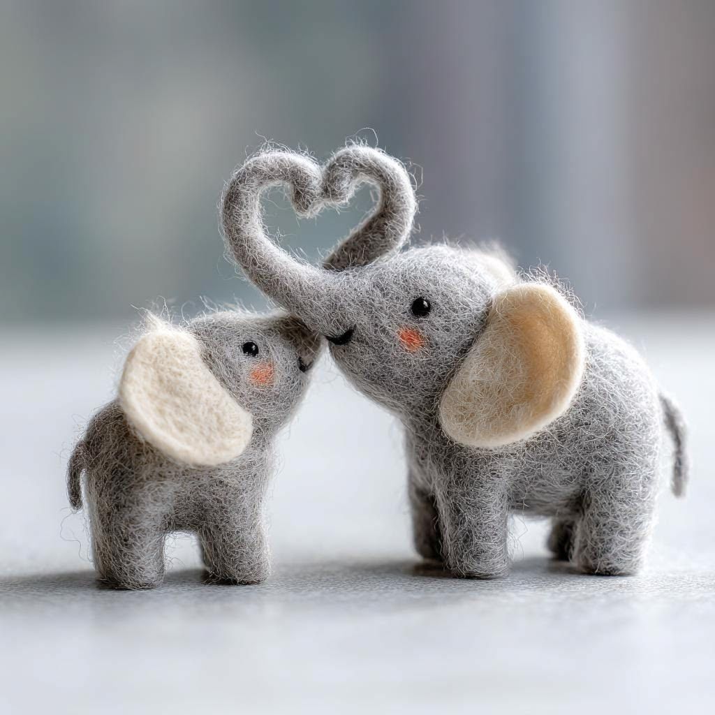 Handcrafted Mother & Baby Elephant Needle-Felted Figurine | Cute Woolen Elephant Duo with Heart Trunk