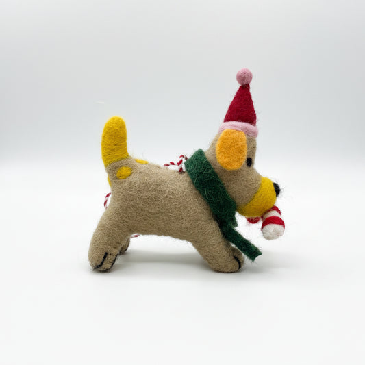Handcrafted Christmas Dog Felt Ornament | Cute Festive Puppy with Santa Hat & Candy Cane | Whimsical Holiday Tree Hanging Decor