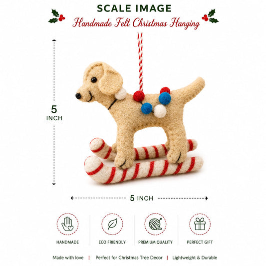 Handmade Felt Dog on Candy Cane Sled Christmas Ornament