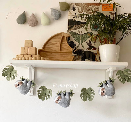 Sloth nursery wall decor, felt animals garland, safari nursery decor sloth garland