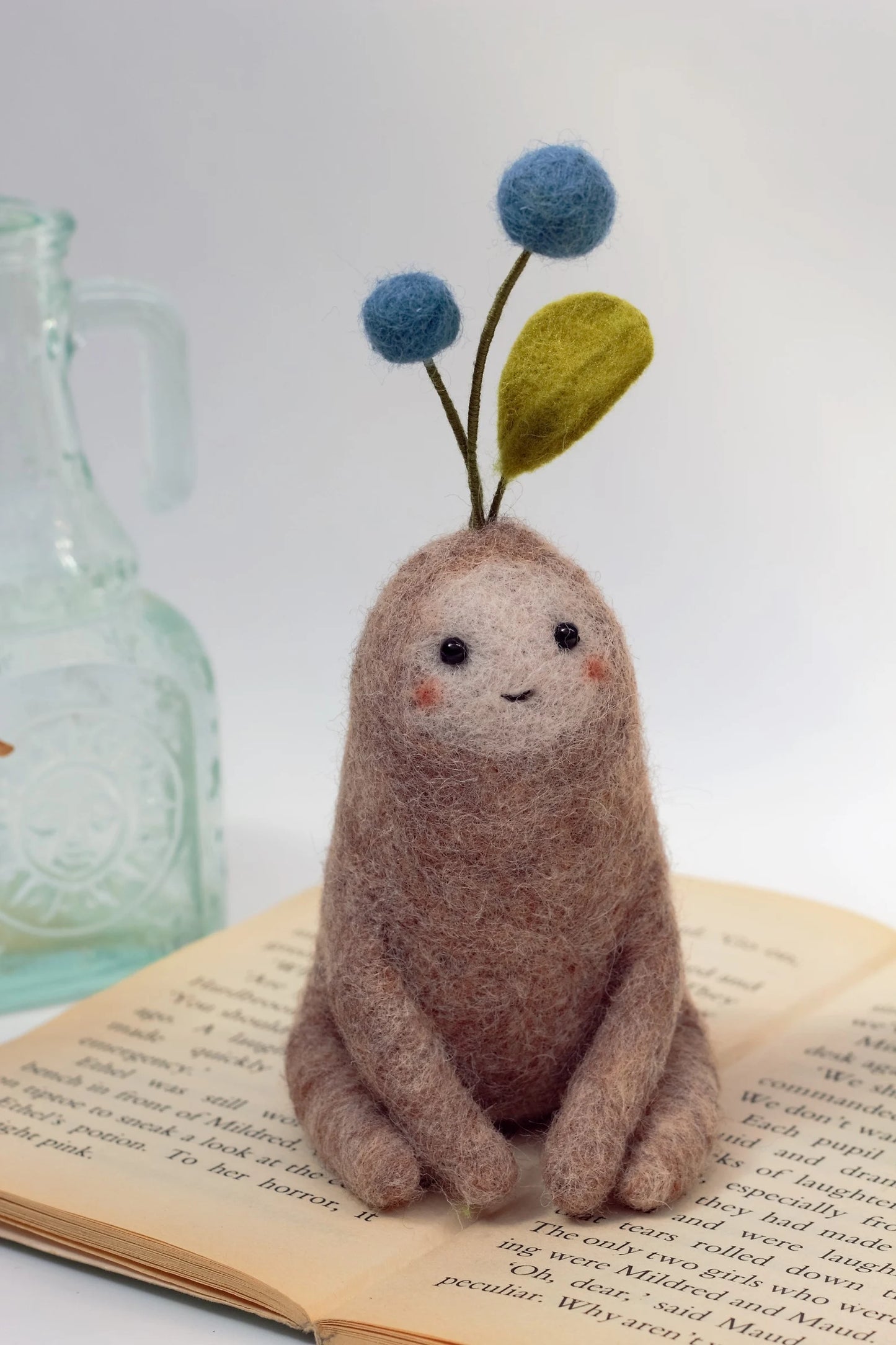 Needle Felted Smiling Plant Creatures with Red & Blue Berries ~ Little Handmade Wool Plant Sculptures