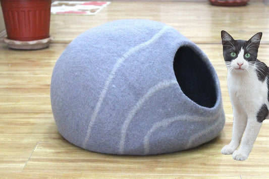 Handmade Cat House - Felt Cat Cave With Wavy Stripes Design - Ideal Gift - Unique Round Pet Bed