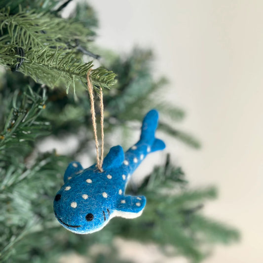 Needle Felted Whale Shark Ornament, Hemp String, Ethical Gift