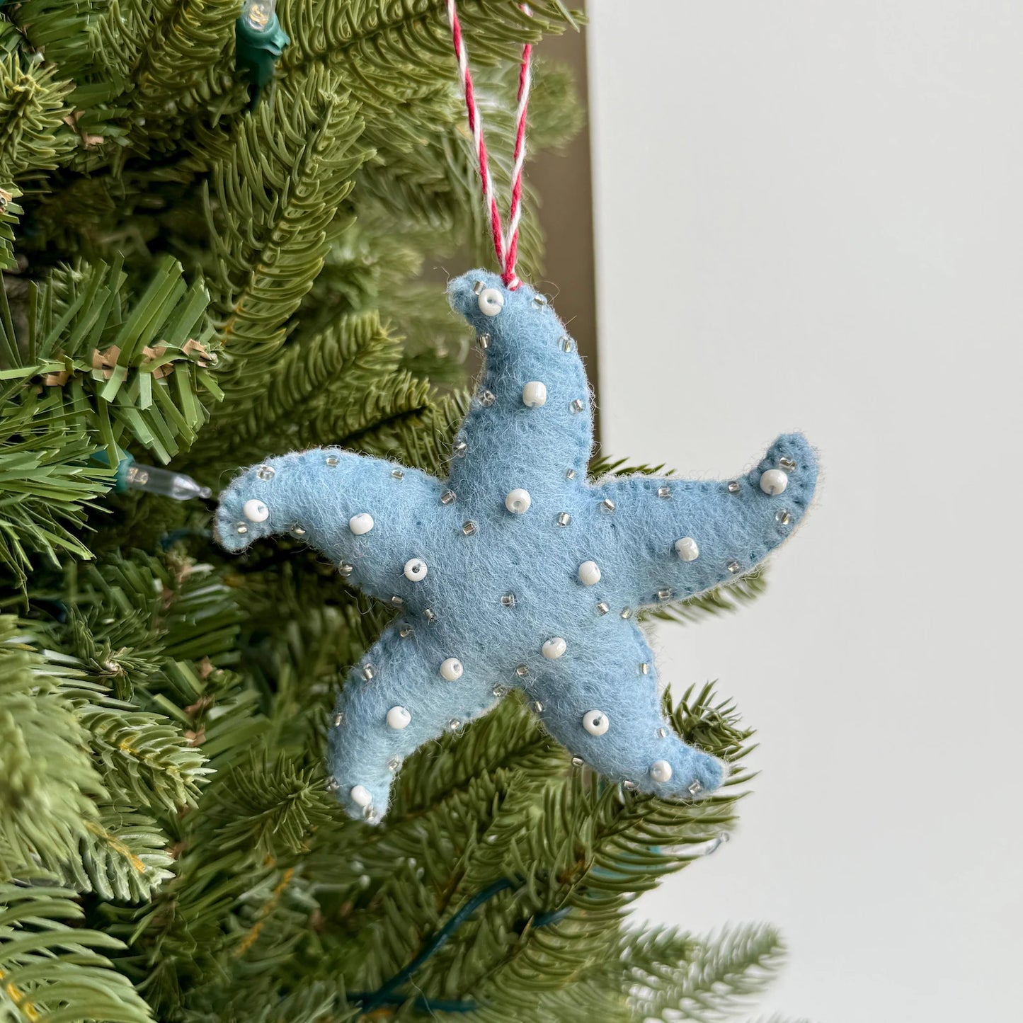 Blue Starfish Christmas Ornament - Felt Wool Fair Trade Holiday Decor Handmade in Rajasthan