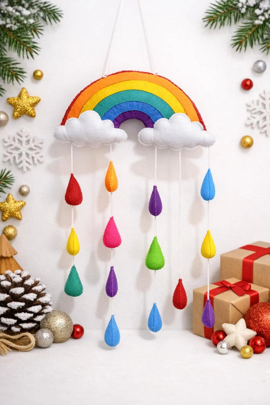 Felt Rainbow Baby cot Mobile Handmade Nursery Wall Hanging with Clouds and Raindrops Decoration