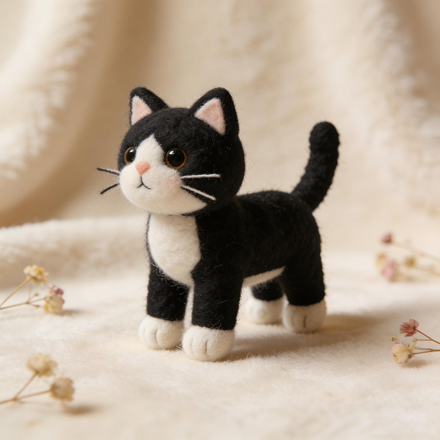 Handmade Needle Felted Tuxedo Cat Figurine Cute Black White Kitty Statue Home Shelf Decor Cat Lover Gift For Housewarming Animal Sculpture