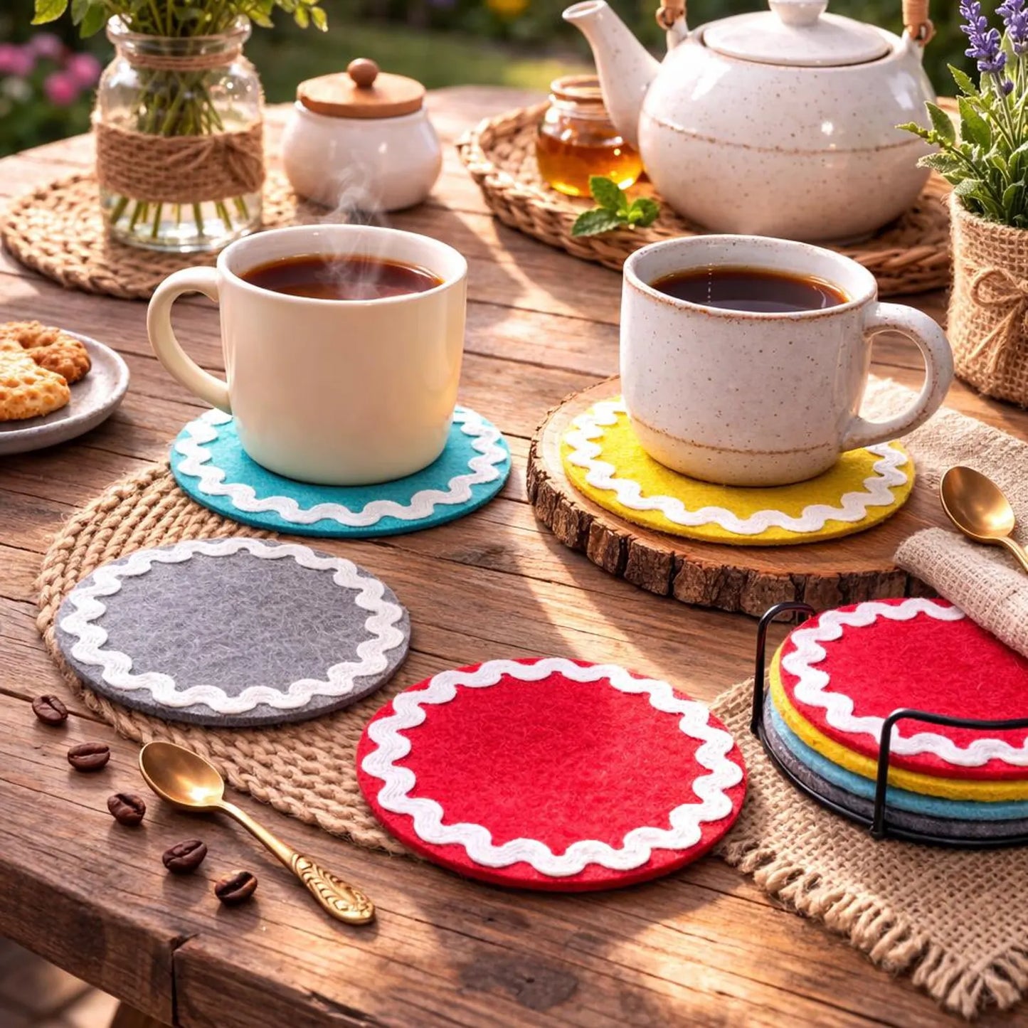 Personalised Wool Felt Tea Coasters – 4 Inch Round Drink Coasters, Custom Colors