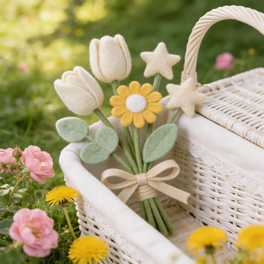 Minimalist Felt Tulip Bouquet, Star and Daisy Floral Decor, Mother's Day Gift, Graduation Keepsake