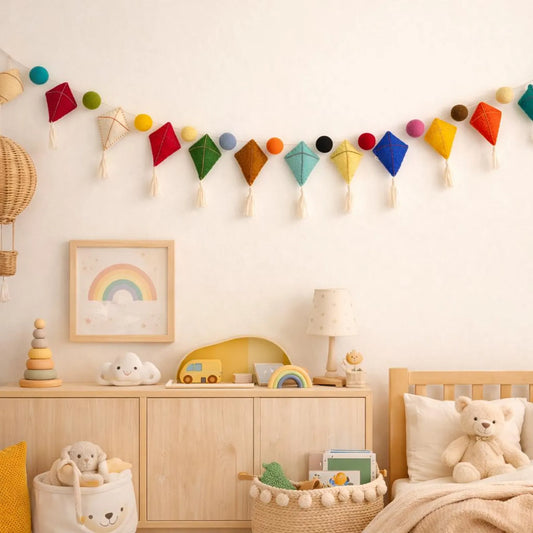 Colorful Wool Felt Kite Garland – Handmade Nursery Decor, Rainbow Wall Hanging, Kids Room Bunting, Playroom Decor, Baby Shower Party Banner