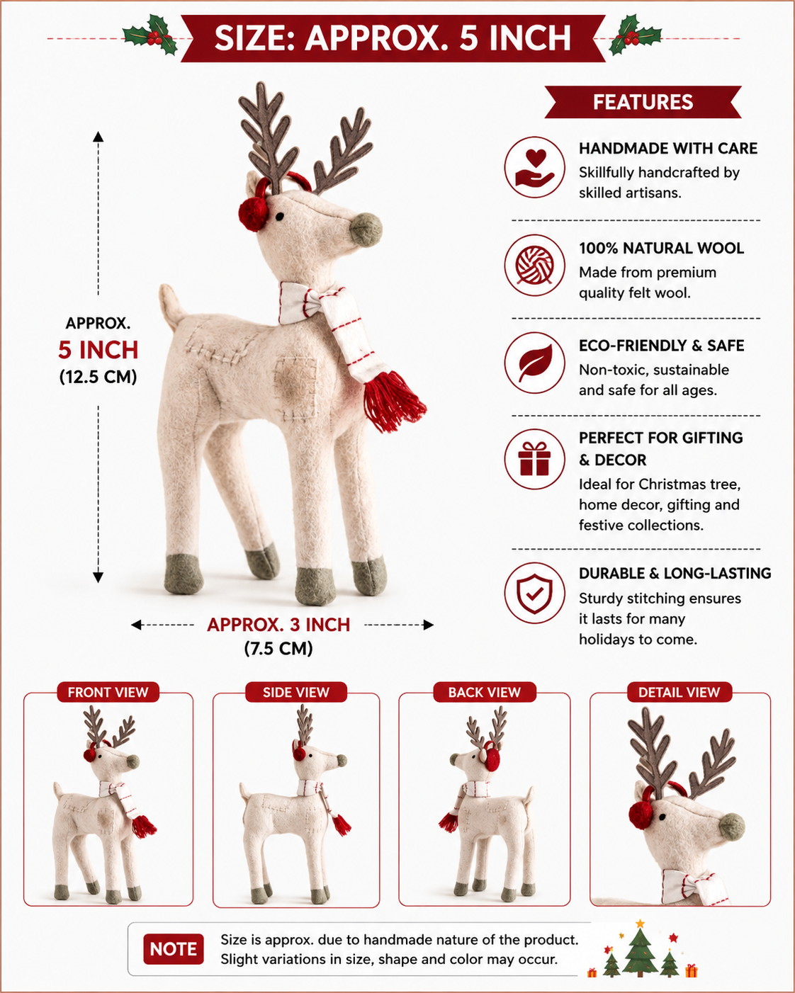Handcrafted Festive Reindeer Stuffed Fabric Figurine | Cute Christmas Deer Tabletop Decor with Earmuffs & Scarf | Luxury Winter Wonderland Nursery Display