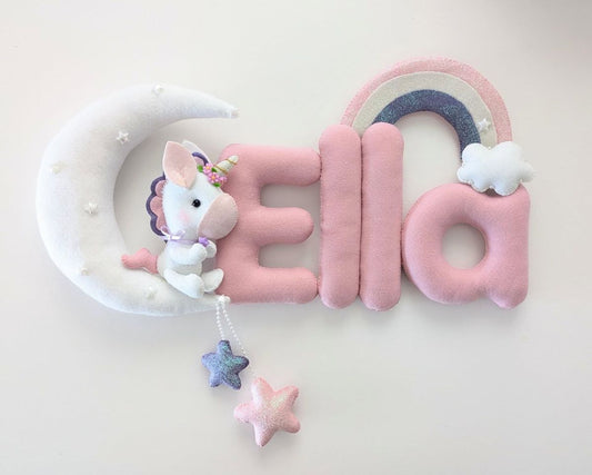 Custom Handcrafted Felt Name Sign - Personalized Unicorn, Rainbow & Moon Nursery Wall Hanging
