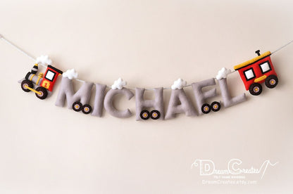 Custom Handcrafted Train Felt Name Garland - Personalized Locomotive Nursery Banner Wall Hanging