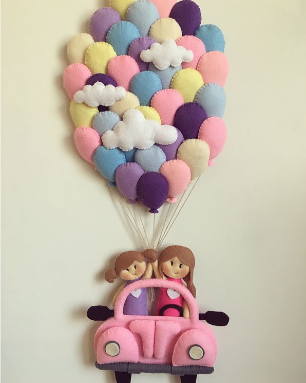 Handcrafted Flying Car and Colorful Balloons Felt Nursery Wall Hanging / Playroom Mobile