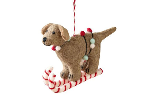 Handmade Felt Dog on Candy Cane Sled Christmas Ornament – Wool Puppy Holiday Decor