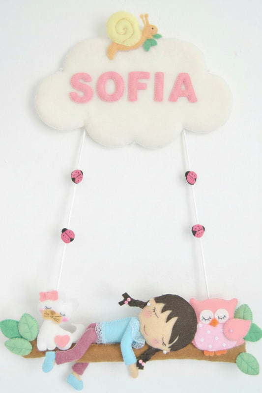 Custom Handcrafted Felt Name Sign - Personalized Nursery Wall Hanging with Sleeping Girl, Owl & Cloud Theme