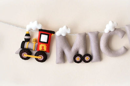 Custom Handcrafted Train Felt Name Garland - Personalized Locomotive Nursery Banner Wall Hanging