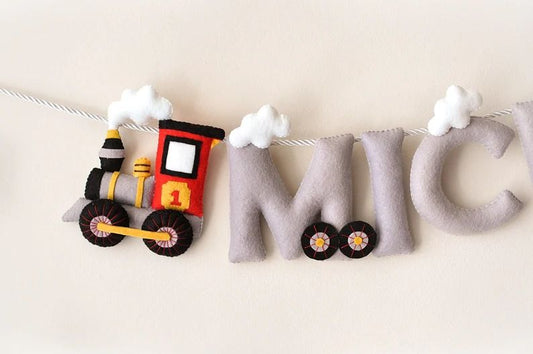 Custom Handcrafted Train Felt Name Garland - Personalized Locomotive Nursery Banner Wall Hanging