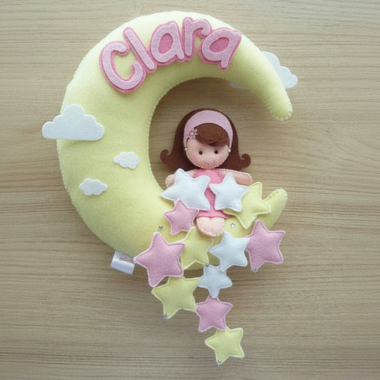 Custom Handcrafted Felt Moon Name Sign - Personalized Nursery Wall Hanging with Sleeping Doll & Pastel Stars