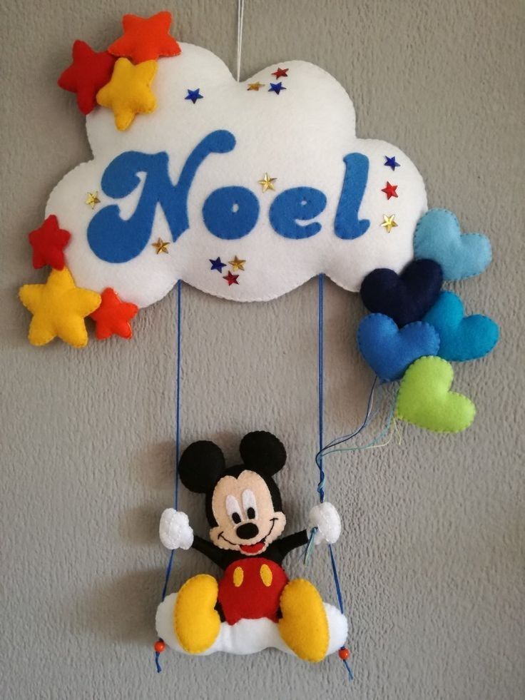 Custom Handcrafted Mickey Mouse Felt Name Sign - Personalized Disney Nursery Wall Hanging with Cloud Swing