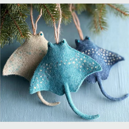 Handcrafted Stingray Felt Ornament | Cute Speckled Manta Ray Hanging Charm | Whimsical Coastal Holiday Tree Decor & Marine Nursery Accent (3 pcs)