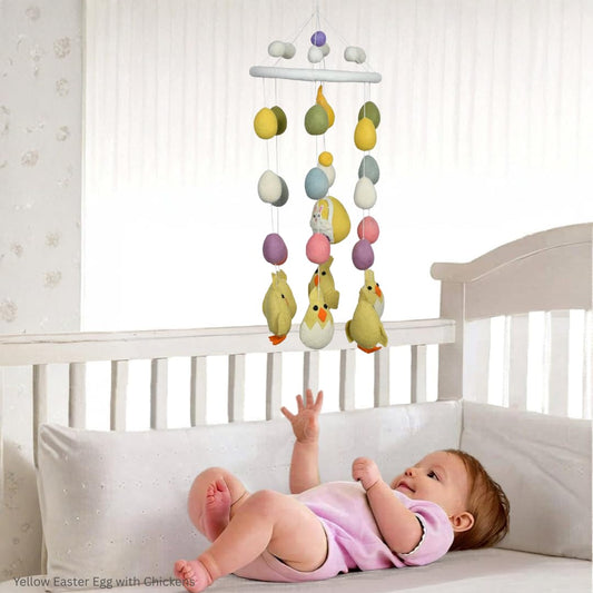 THB Baby Mobile Animal Nursery Decoration Newborn Shower Gift Birthday Gift | Baby Bed Decoration for Boys and Girls Toys Figure Playing Set for Babies | Yellow Easter Egg with Chickens | DIY Hanging