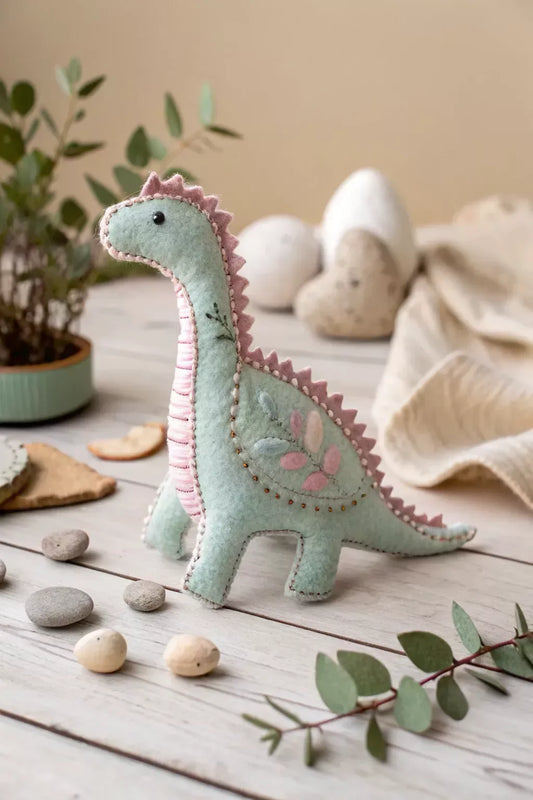Aesthetic Felt Dinosaur Toy – Soft Sage & Dusty Rose