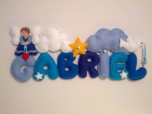 Custom Handcrafted Felt Angel Name Sign - Personalized Nursery Wall Hanging with Clouds, Star & Dove Theme