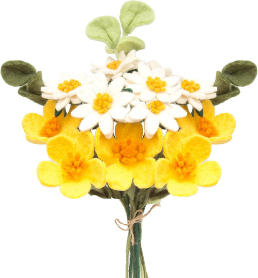 Glaciart One Felt Artificial Flowers Bouquet - 13 pcs | Reusable, Washable and Essential Oil Ready w/Bendable Wire Stem | Great as Gift and Home or Event Decorations