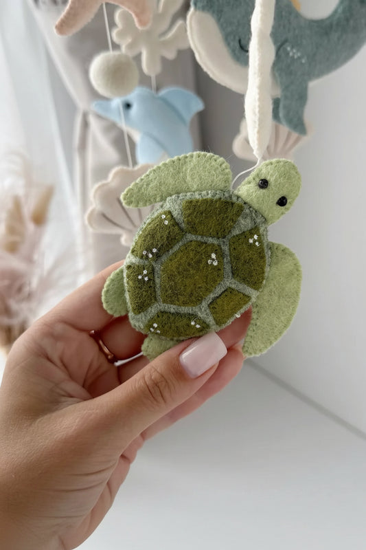 Handcrafted Olive Green Sea Turtle Felt Ornament | Cute Woolen Honu Hanging Charm | Whimsical Ocean Crib Mobile Accent & Nursery Decor