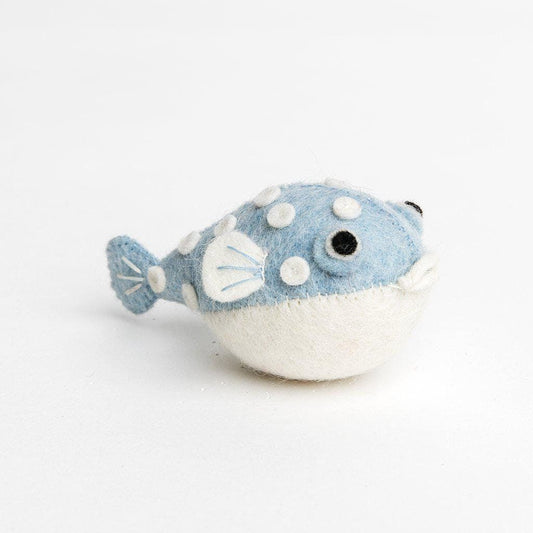 Handcrafted Blue Pufferfish Felt Figurine | Cute Wool Blowfish Plush Charm | Whimsical Sea Life Nursery Decor & Coastal Gift