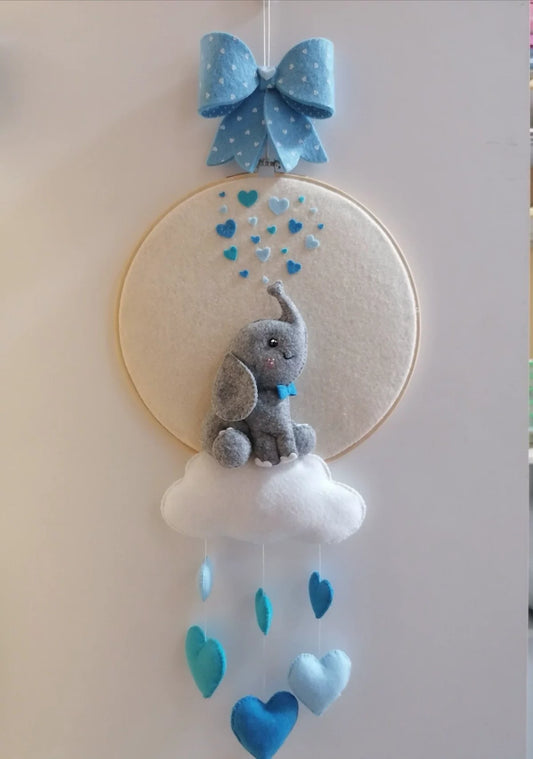 Handcrafted Baby Elephant and Blue Hearts Felt Hoop Wall Hanging Mobile