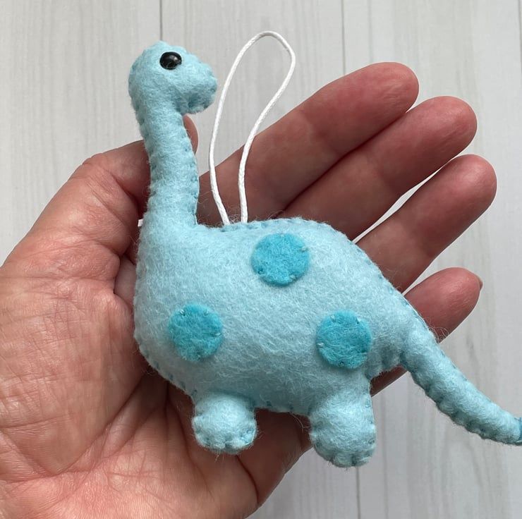 Handcrafted Light Blue Dinosaur Felt Ornament | Cute Brontosaurus Hanging Charm | Whimsical Nursery Decor & Holiday Tree Accent