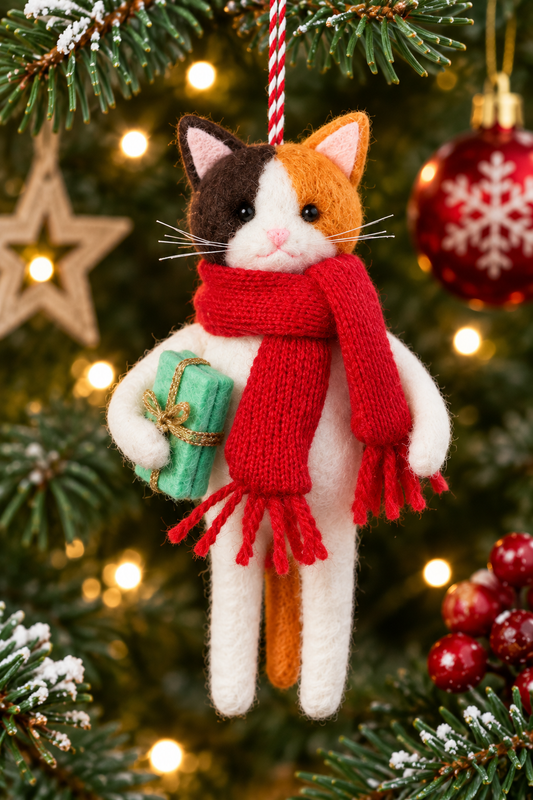 Handmade Felt Cat Christmas Ornament – Red Scarf & Gift