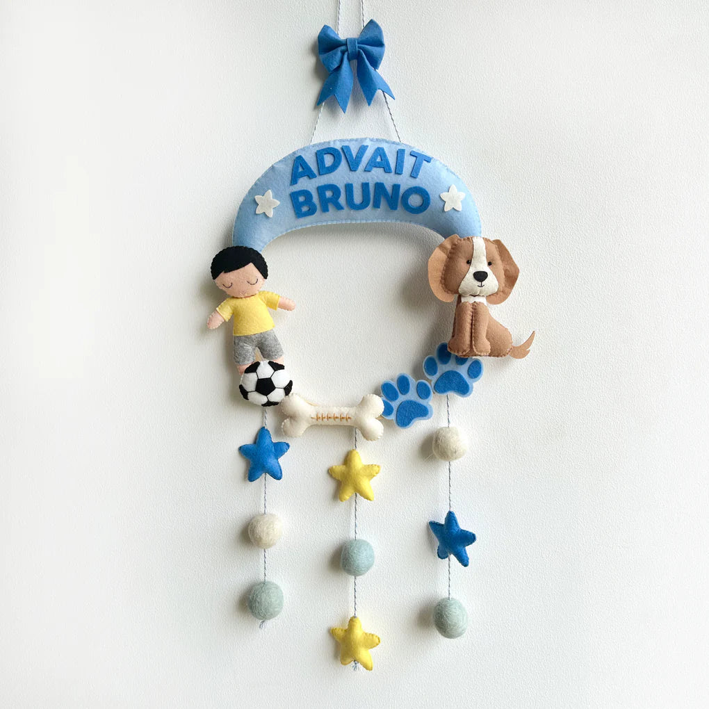 Personalised Baby and Pet Name Hanging - BlueCustom Handcrafted Soccer and Puppy Felt Nursery Name Sign - Personalized Boy & Dog Wall Hanging Wreath